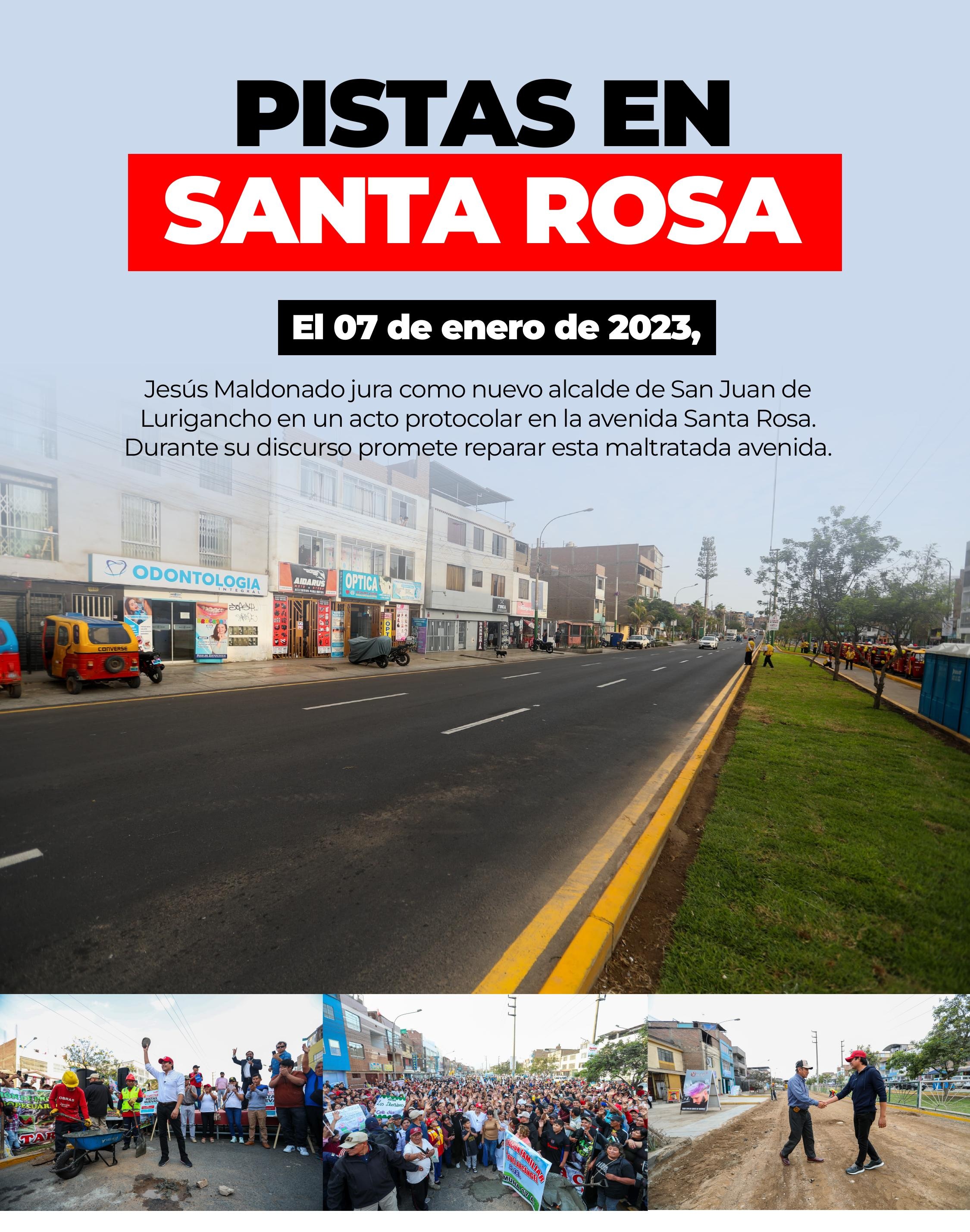 Pistas en Av. Santa Rosa – Jura del Alcalde Jesús Maldonado y promesa de repavimentación, San Juan de Lurigancho, Lima, Perú