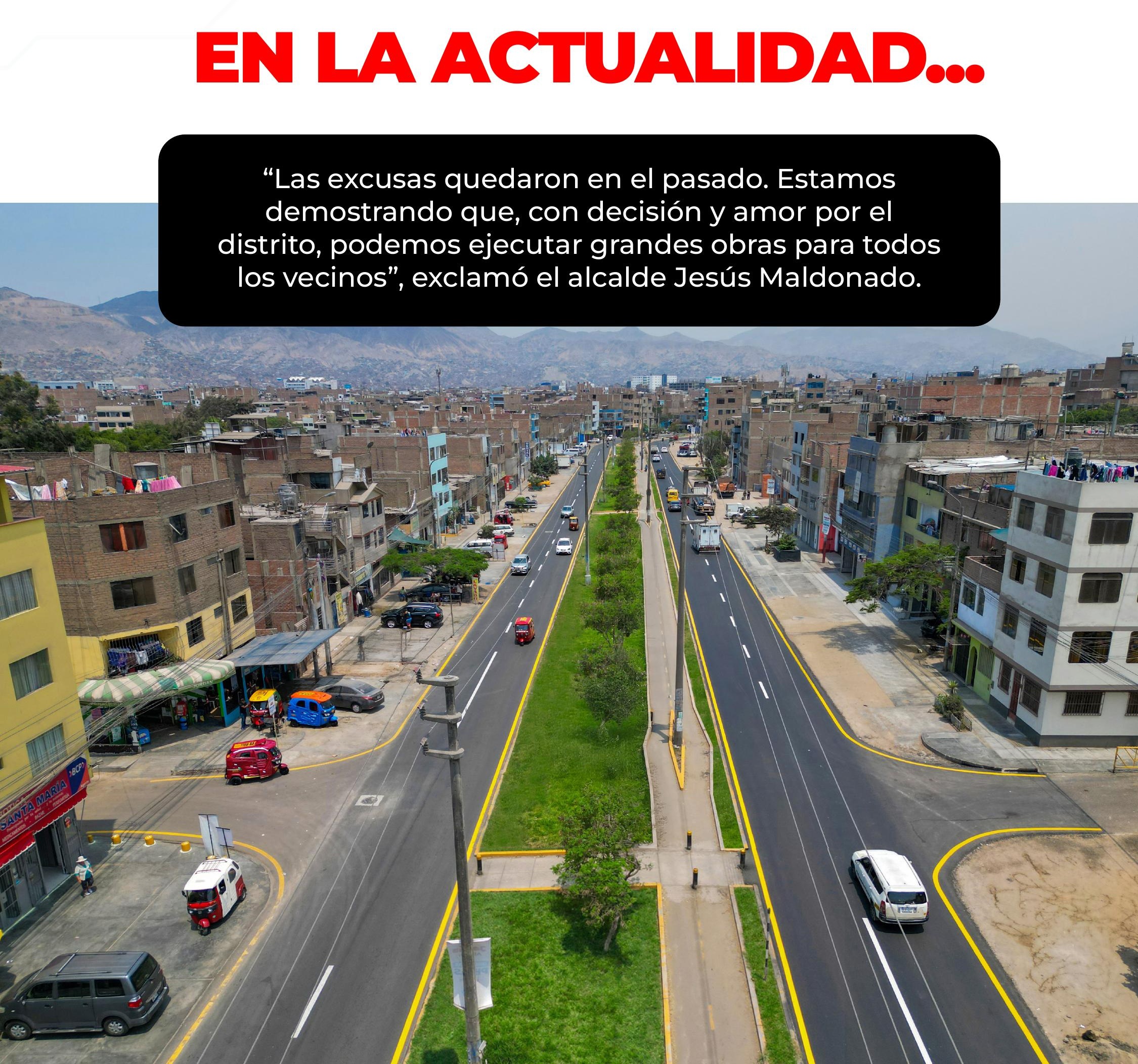 Vista aérea Av. Santa Rosa inaugurada – En la actualidad. San Juan de Lurigancho, Lima, Perú